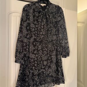 LOFT Black and White Floral Long Sleeve Dress
